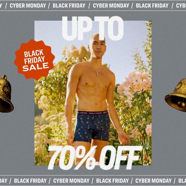 A square-format ad creative featuring a model in boxer briefs amidst a natural backdrop, utilizing bold sale messaging to drive urgency.